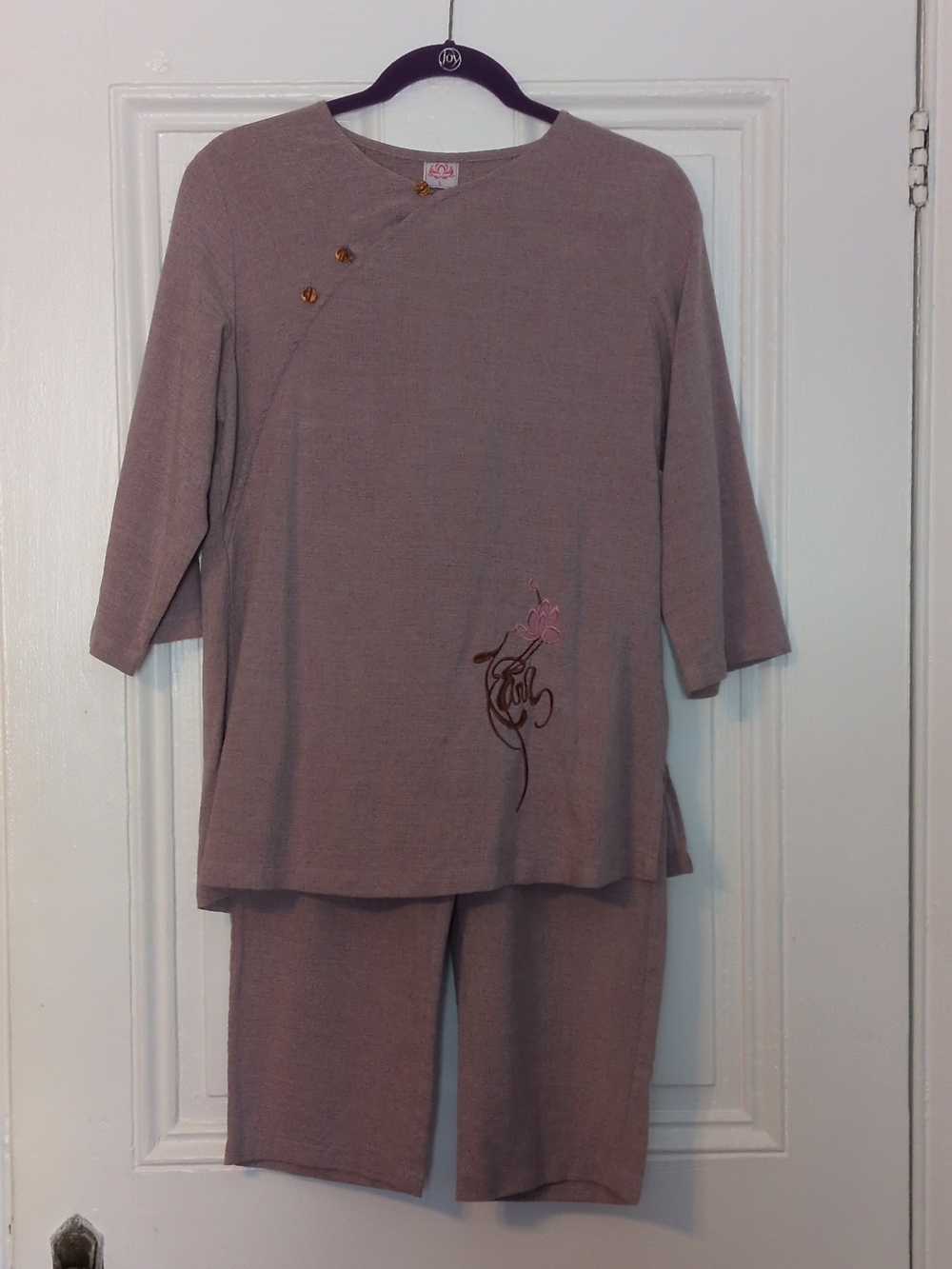 Vintage Women's Set - Dusty Mauve Long Sleeve Top & Pants Rayon/Cotton (?)